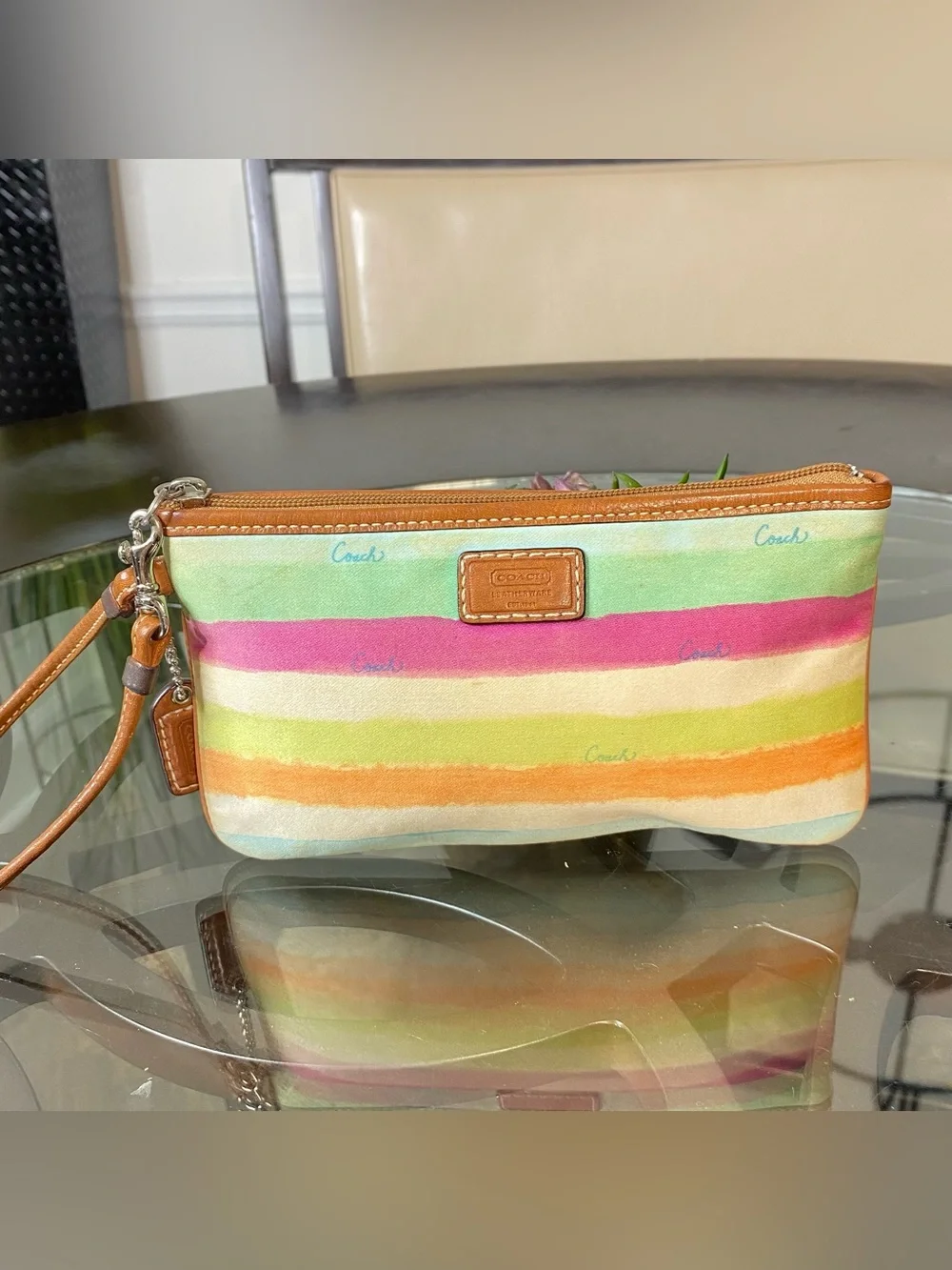 Coach Watercolor Rainbow Stripe Canvas Leather Wristlet Pouch Multicolor 41202